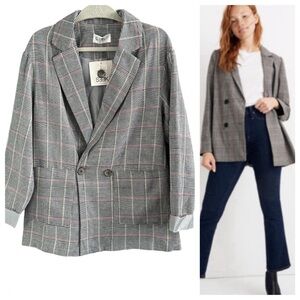 SEEK PLAID double breasted BLAZER Oversized boxy long jacket LF women’s S preppy